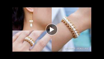 Pearl jewelry set. How to make beaded jewelry. Earrings, bracelet and ring. Beading tutorial
