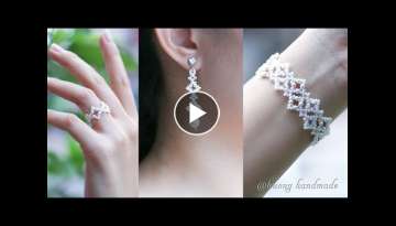 DIY elegant bridal jewelry set. Beading tutorial. Bracelet, earrings & ring
