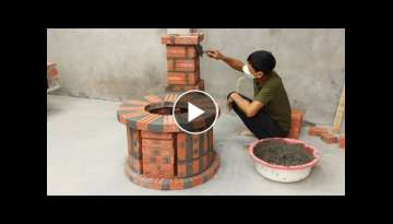 Build an outdoor wood-burning stove made of red cement bricks