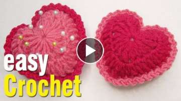 Easy Crochet: How to Crochet Heart Pin Cushion for beginners. Free heart pin cushion pattern.